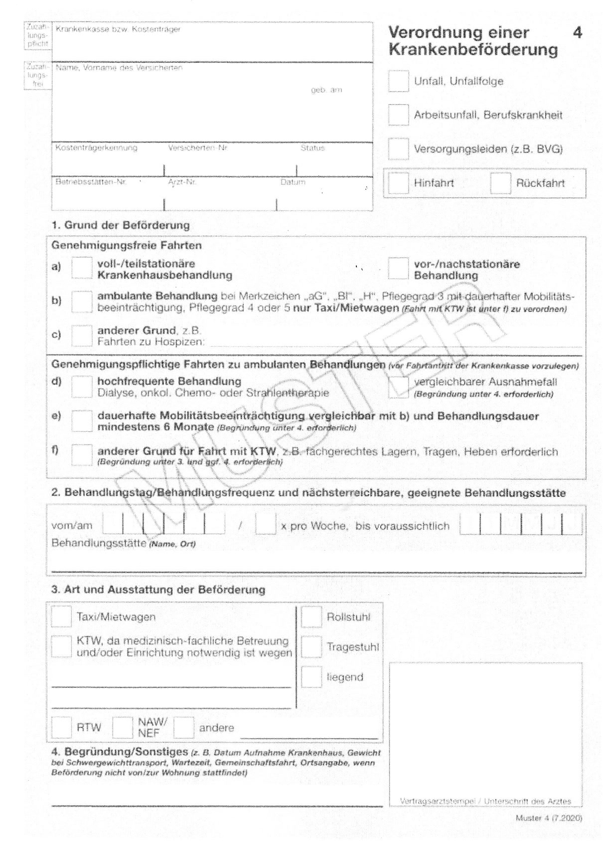 Musterverordnung Krankenbeförderung (Muster 4) Muster einer Verordnung einer Krankenbeförderung (Muster 4)